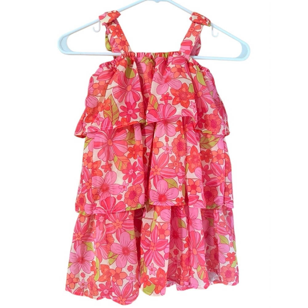 EttaVee Girls Pink Orange Floral Tiered Ruffle Summer Dress Size 6